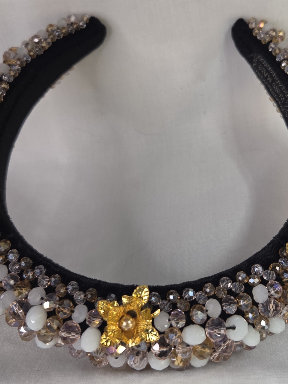 Black Beaded Headband with Gold Flower Accent